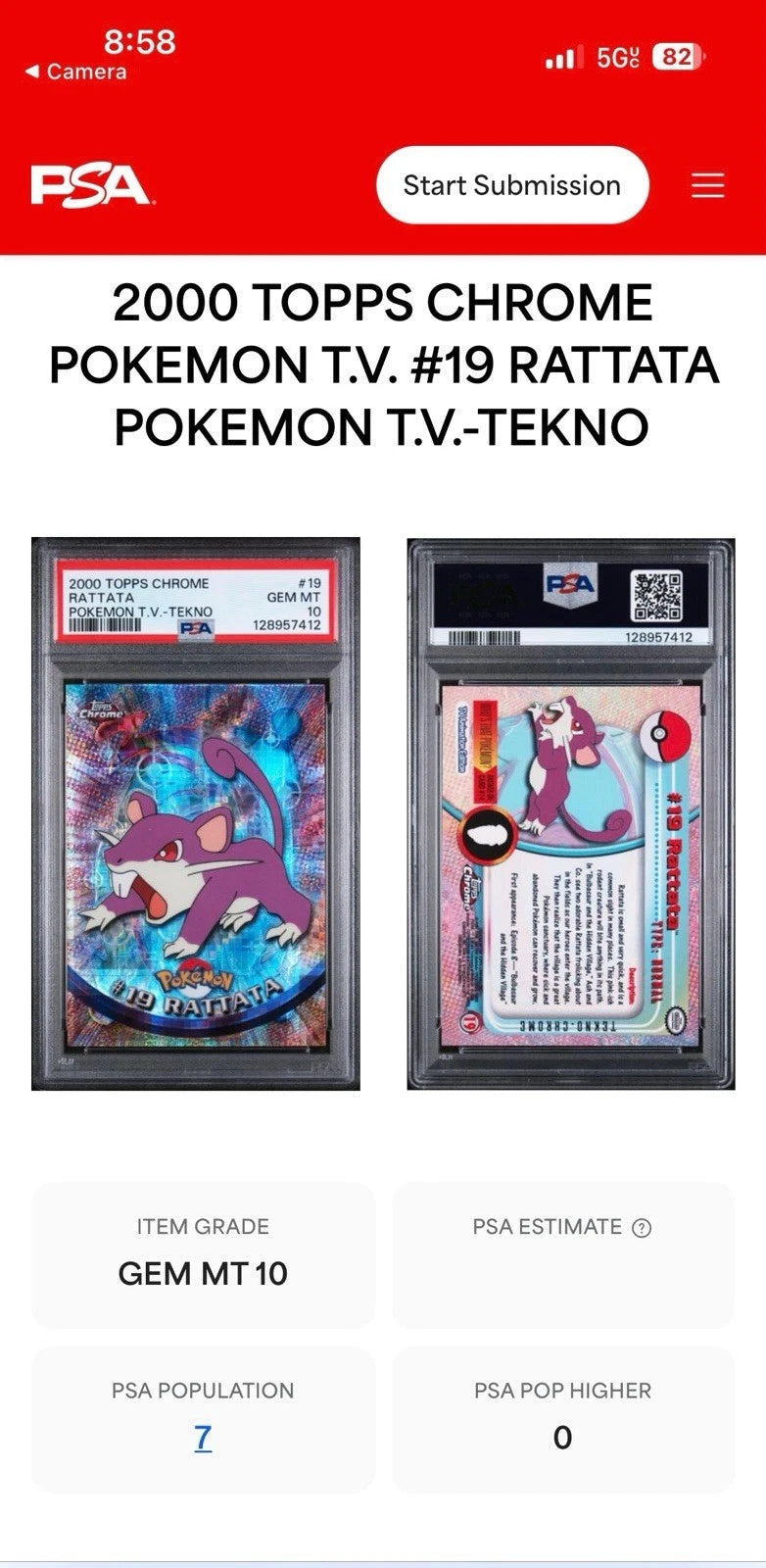 2000 Topps Chrome Pokemon Rattata Tekno PSA 10 Low Pop Rare #19 Series 1