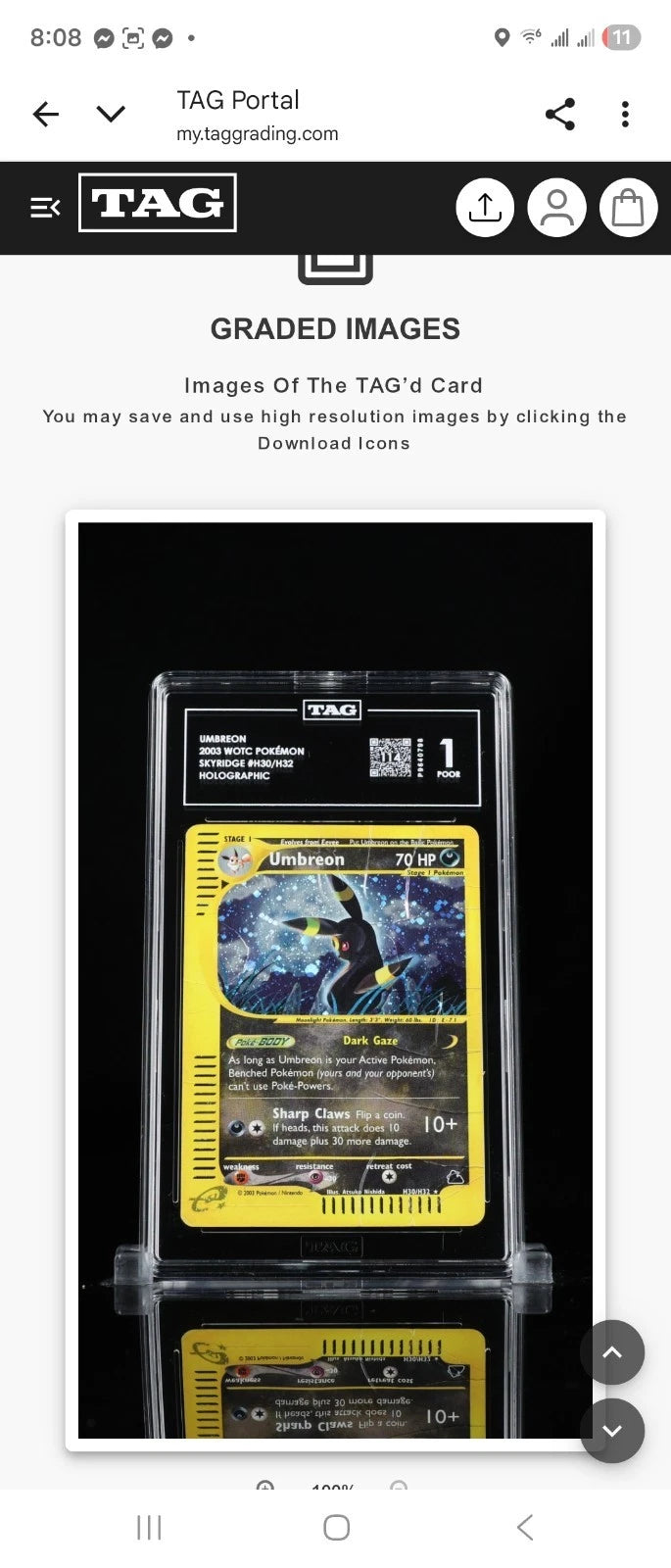 Pokemon Umbreon Skyridge Holo Rare #H30 TAG 1 POP 1